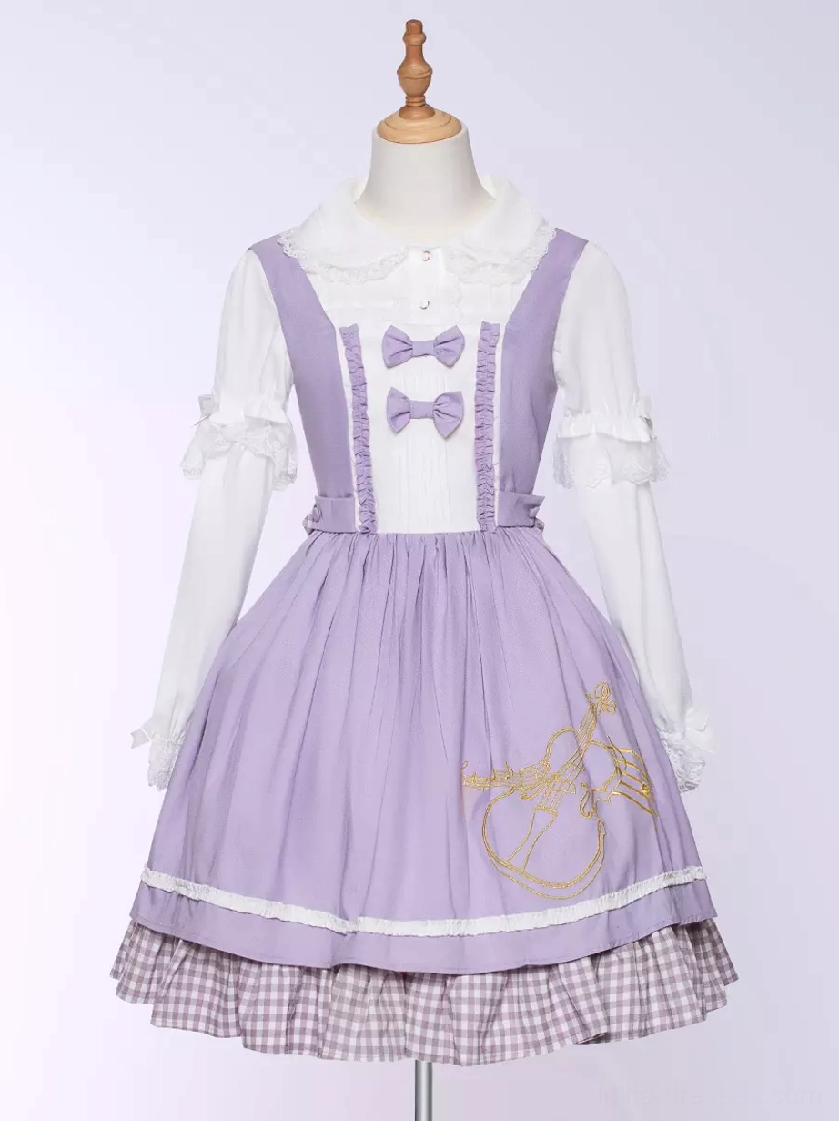 Purple violin sweet lolita dress flat display on white background mannequin showing front bow trims golden violin embroidery and gingham ruffled hem