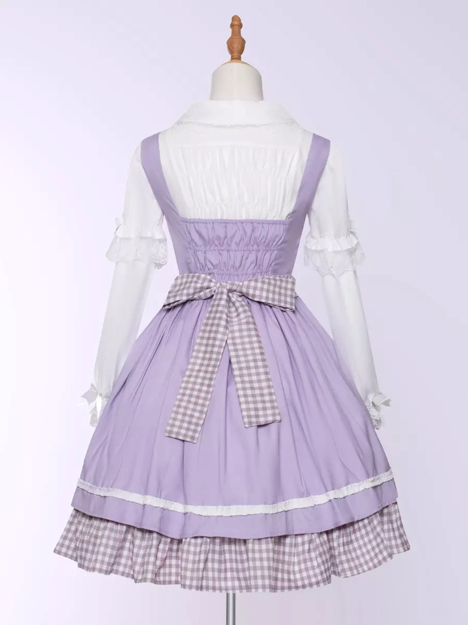 Purple violin sweet lolita dress layering guide showing coordination with white lace blouse and accessories for complete outfit