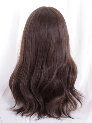 Back view of dark brown Sweet Lolita wavy wig displaying fluffy loose wave texture and medium-long length, shown on white background