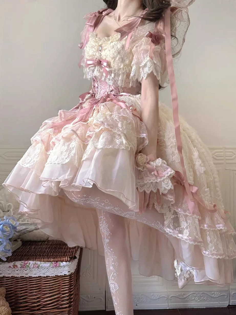 Sweet lolita wedding dress detail shot emphasizing quality construction craftsmanship lace embellishments and bridal aesthetic design elements