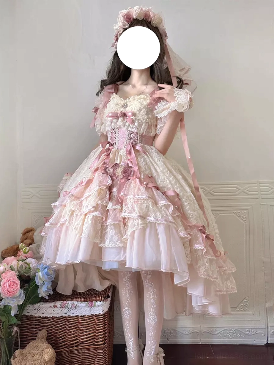 Full body front standing view of sweet lolita wedding dress with high-low hemline square neckline and flower headdress bridal aesthetic