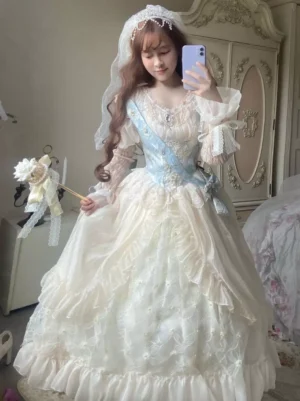 Sweet Lolita wedding dress front selfie view ivory light blue color scheme lace ruffled full skirt bridal veil decorative wand vintage bedroom aesthetic