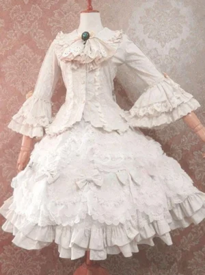 Sweet lolita skirt layered flared sleeves collar brooch detail full-body front view dress mannequin pink vintage wallpaper background
