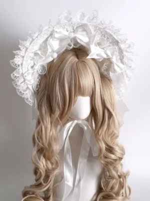Sweet Lolita white bonnet front view with lace ruffles satin ribbons and decorative bow headwear for tea party