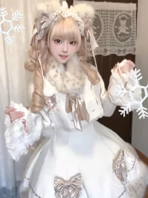 sweet lolita white dress with cropped cape fuzzy fur collar ruffle lace sleeves three-quarter angle shot