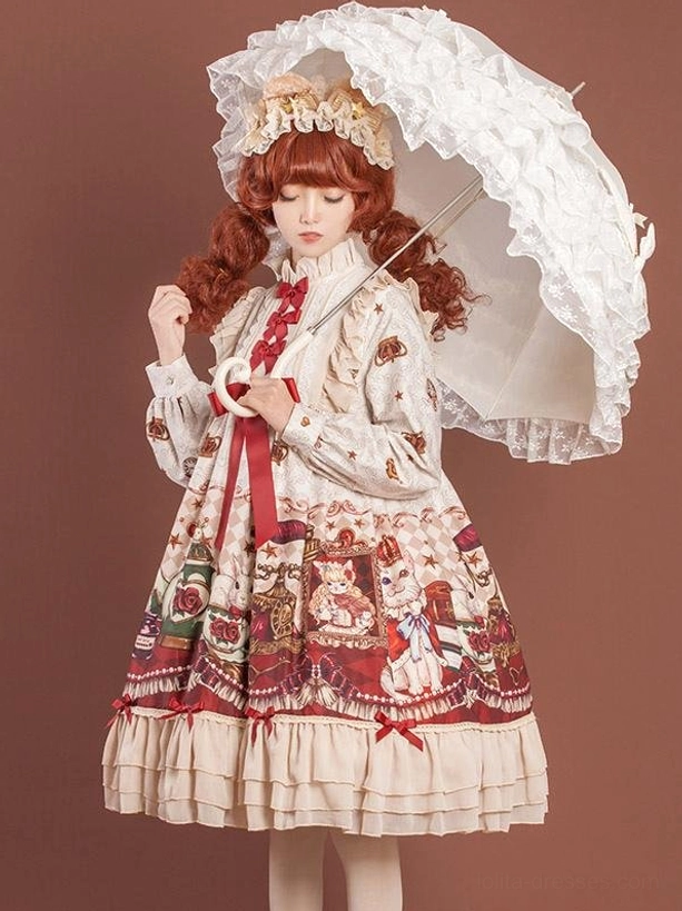 Sweet lolita dress white base red front bowknots vintage tea party print layered ruffled hem lace umbrella accessory