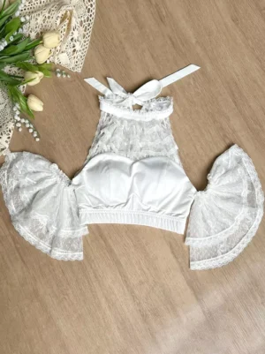 Sweet lolita white halter crop top with off-shoulder lace ruffles padded bra cups and neck bow tie flat lay detail