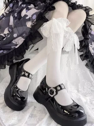 white lace bow knee-high socks sweet lolita mary jane shoes oblique overhead view decorative ribbon bow