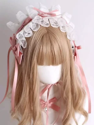 Front center view of sweet lolita lace headdress with white ruffled trim, pink satin bows, gem pendant accent on chest bow, and chin fastening ribbon on mannequin