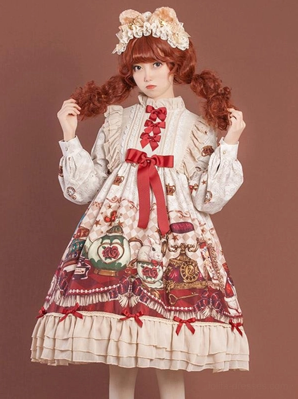 White sweet lolita dress long sleeves red bow decorations tea party themed prints beige ruffled hem front shot