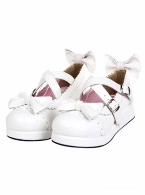 Sweet lolita white platform Mary Jane shoes with scalloped trim bow decorations buckle detail overhead view