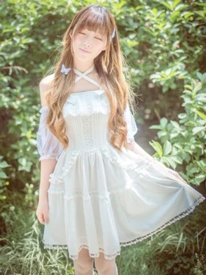 white sweet lolita off-shoulder dress with cross halter straps lace ruffles and tiered chiffon skirt full body front view