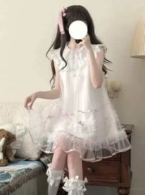 sweet lolita white one-piece dress back sitting shot sheer tulle overlay ruffled lace hem frilled socks lounge teddy bear decor