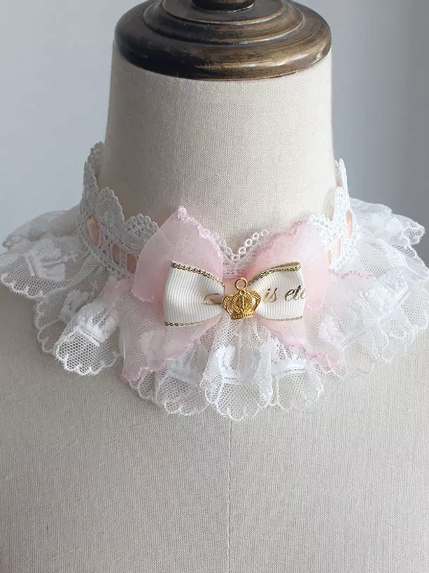 Sweet lolita white and pink ruffled lace choker with pink-white bow and gold crown charm delicate design