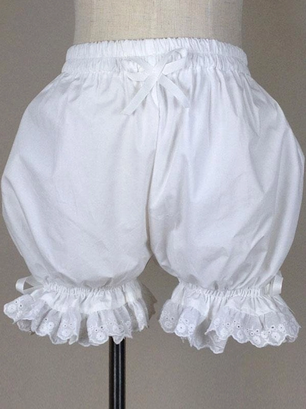 Sweet Lolita white pumpkin bloomers with lace trim and elastic waist bow detail, back view on mannequin showing puffed balloon silhouette and eyelet ruffled cuffs