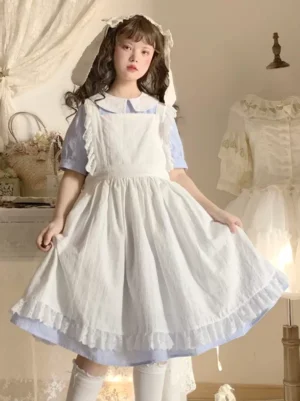 Sweet lolita white ruffled lace apron full front view with blue collared inner dress vintage home studio backdrop