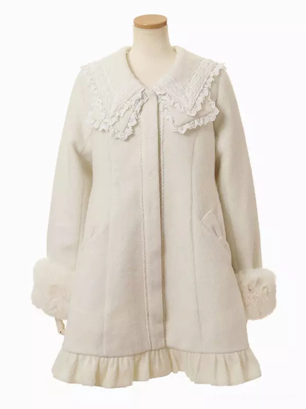 Sweet lolita princess wool coat in white colorway showing full front detail with ruffled hem and bow decorations
