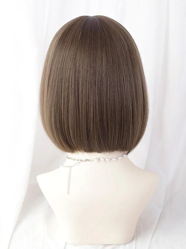 Short synthetic lolita wig back view showing uniform ash brown straight bob cut with neatly trimmed ends and pearl necklace styling