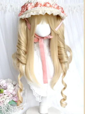 Sweet Lolita wig in light golden blonde with long spiral curly ponytails styled with pink lace hat and pink neck ribbon on mannequin - elegant coordinate example