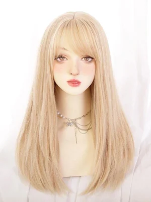 Light gold tousled lolita wig with delicate air bangs displayed on mannequin, featuring realistic scalp cap and soft heat-resistant synthetic fiber texture, styled with layered necklace against white sheer curtain background