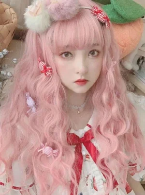 Light pink long wavy lolita wig full front view with air bangs and cute hair accessories perfect for sweet lolita fashion coordinate