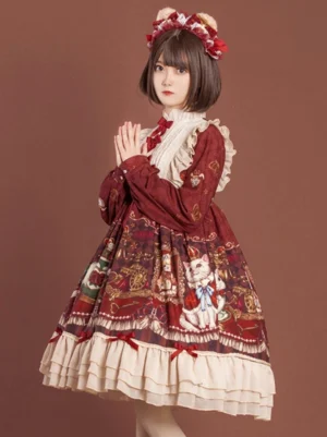 Sweet lolita long sleeve dress wine red floral print white ruffled collar front view model with bear ear accessory