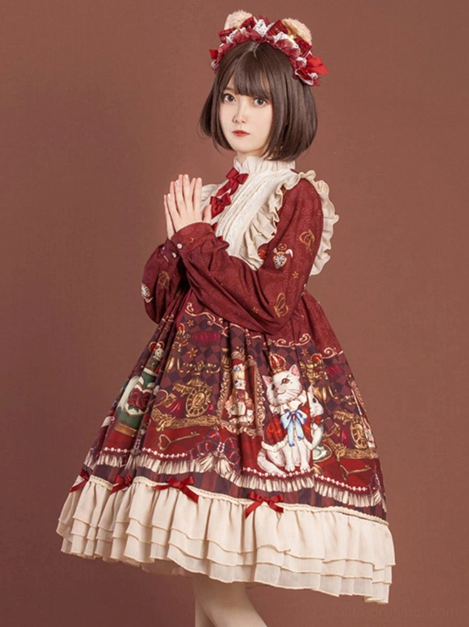 Sweet lolita long sleeve dress wine red floral print white ruffled collar front view model with bear ear accessory