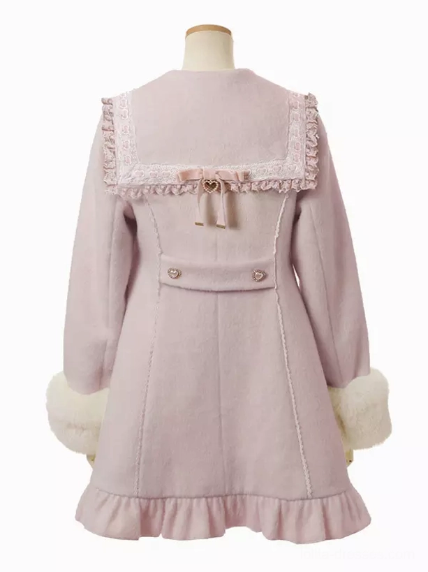 Back mannequin view of sweet lolita wool coat displaying back bow trim waist belt faux fur cuffs and ruffled hem silhouette