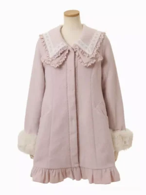 Front flat mannequin view of sweet lolita wool coat showing sailor lace collar hidden front placket and ruffled hem detail
