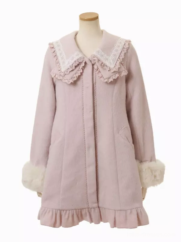 Front flat mannequin view of sweet lolita wool coat showing sailor lace collar hidden front placket and ruffled hem detail