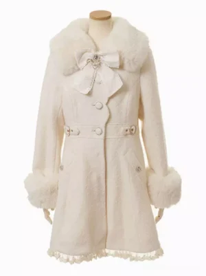Off-white sweet lolita wool blend coat front flat view with faux fur collar cuffs heart buckle buckle lace hem and A-line princess silhouette