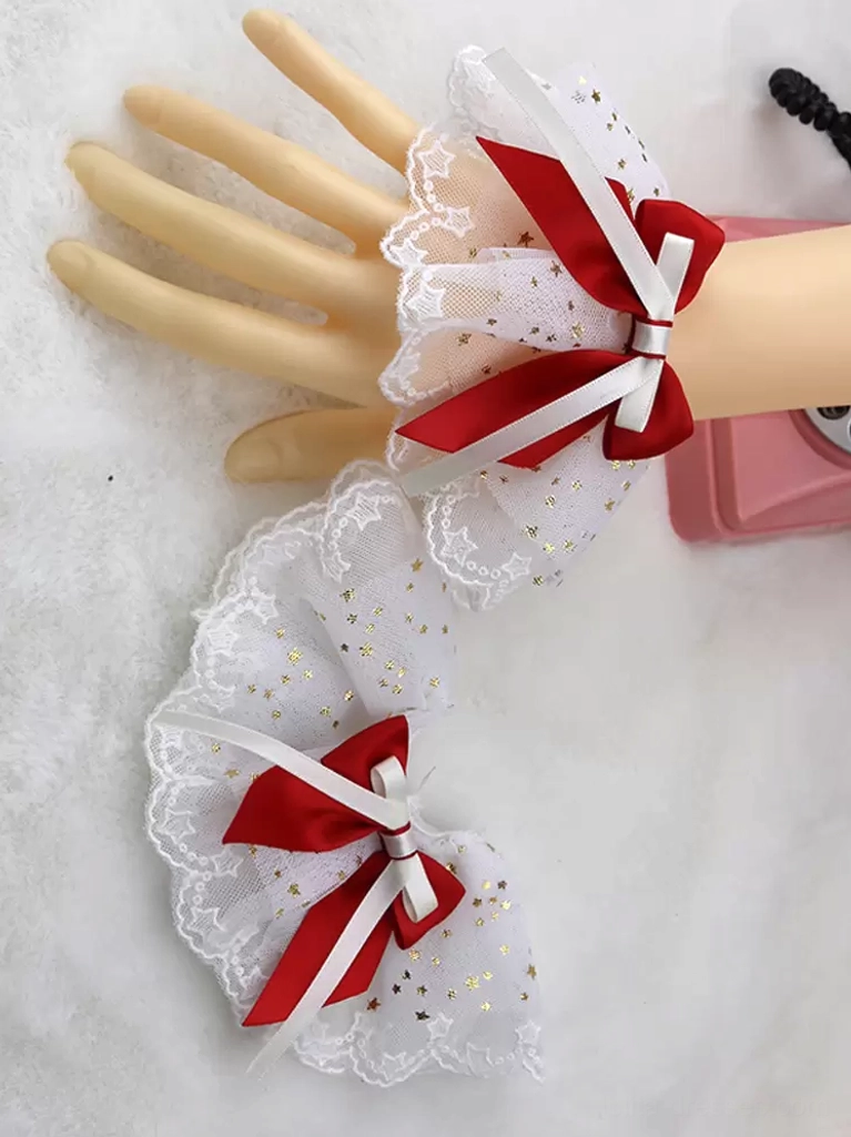 Complete Sweet Lolita wrist cuffs and hair bow accessory collection in multiple color variations including pink, green, navy, purple, and burgundy satin bows with coordinating white star-patterned ruffled mesh oversleeves