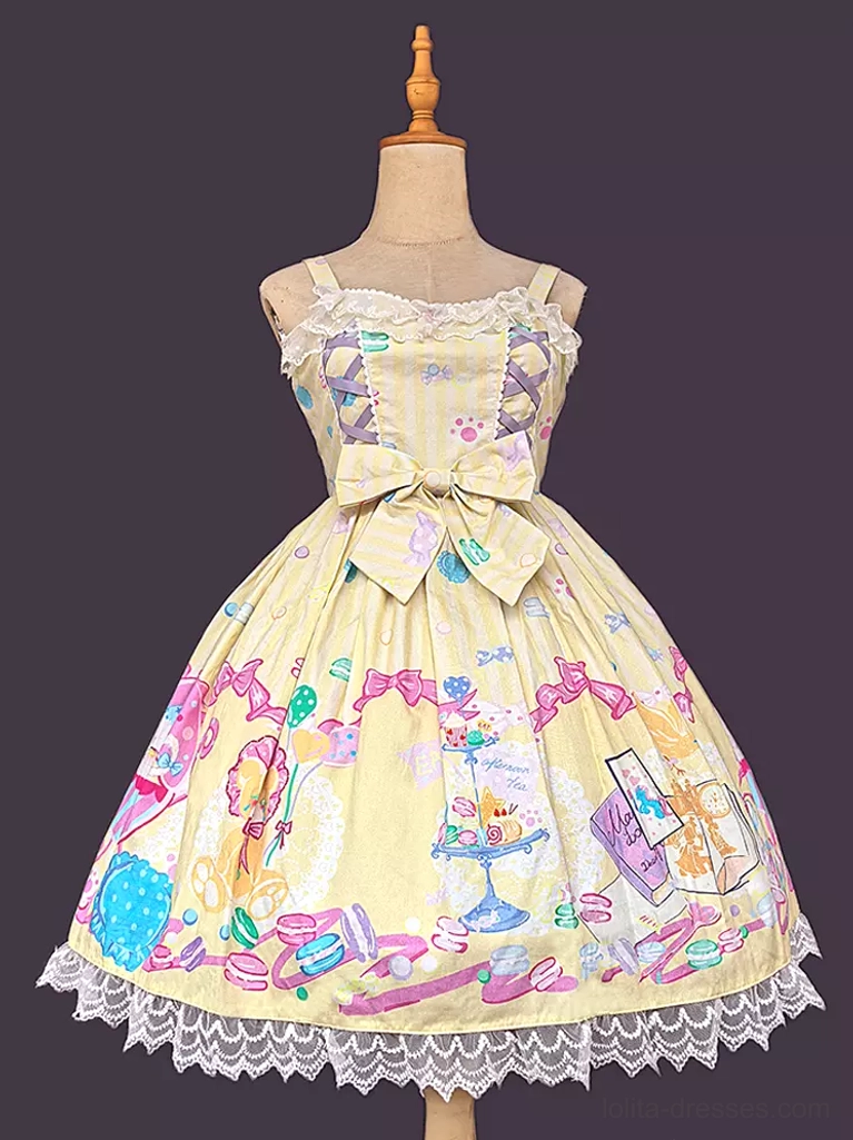 Sweet lolita dress in bright yellow featuring striped bodice design, prominent front oversized bow, coordinated lace trim, and whimsical pastel cartoon dessert motifs