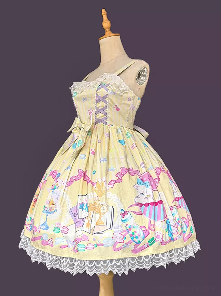 Sweet lolita sleeveless dress in yellow with crisscross lace-up bodice, structured corset-style front, side bow accent, matching lace hem, and themed cartoon print