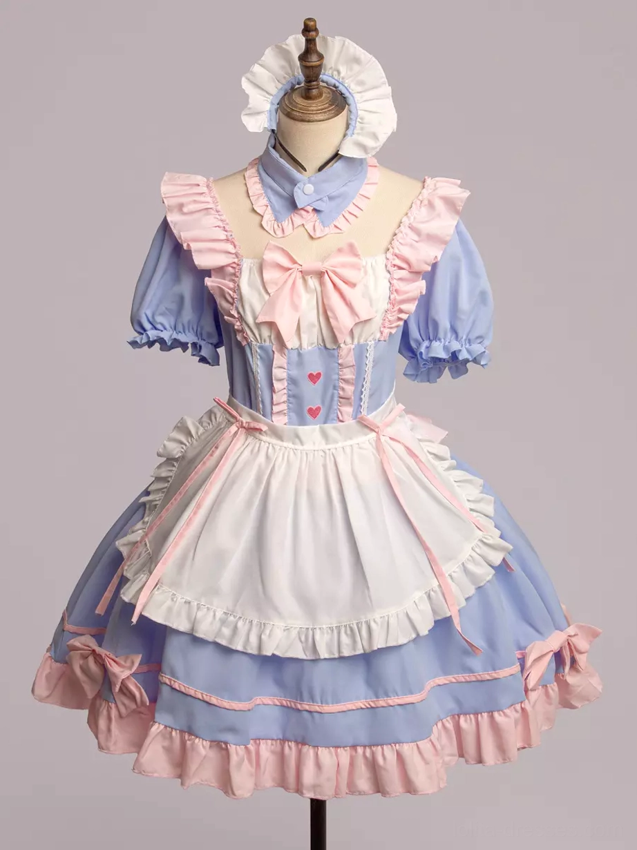 Complete maid Lolita dress set with white headpiece and apron showing cut-out back detail