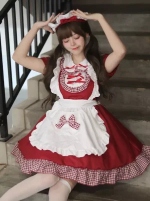 Sweet maid lolita cosplay dress red gingham ruffles full front view on model staircase posing