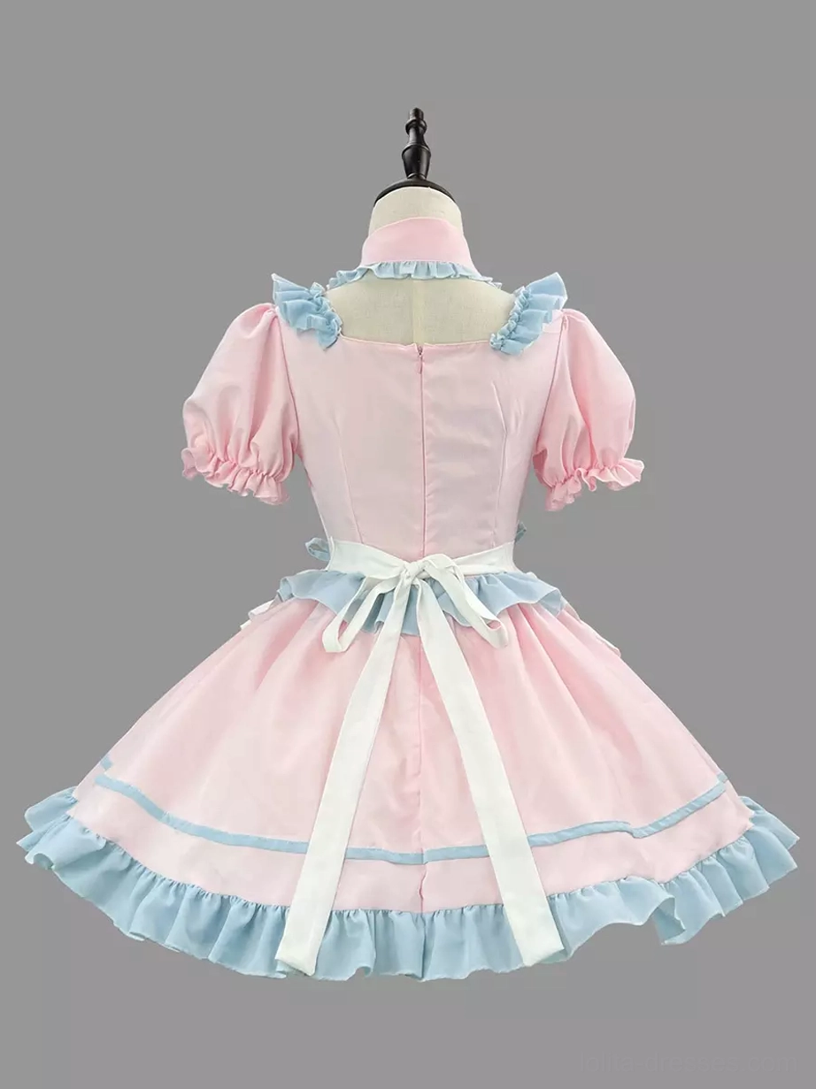 Maid Lolita dress back view showing pink blue color scheme and waist bow tie design