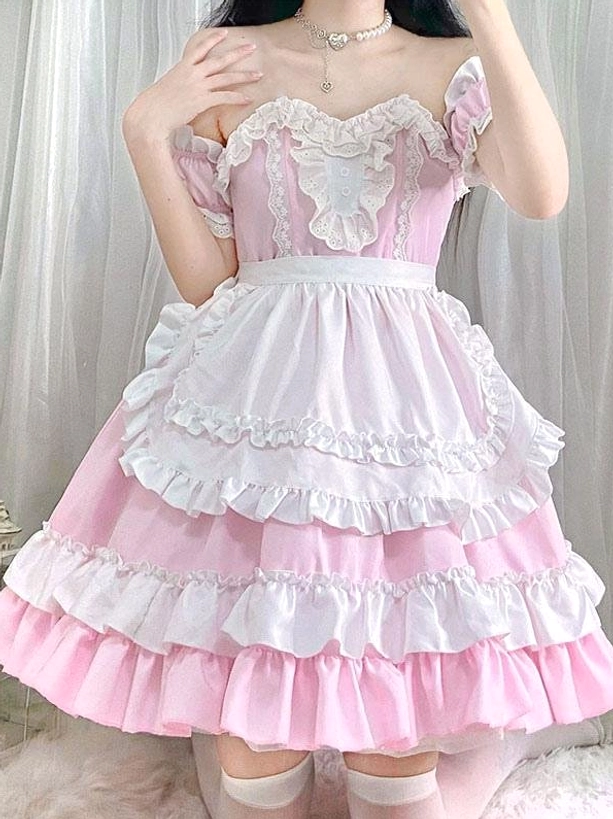 Sweet maid Lolita dress front right-side angle featuring heart-shaped lace trim, multi-layer ruffled hem, and detailed skirt construction