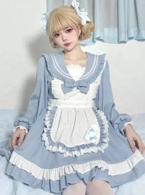 Light sky blue sweet maid lolita dress with sailor collar and lace apron front full-body model shot