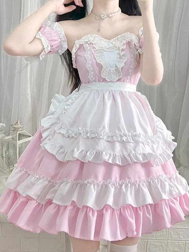 Sweet maid Lolita dress pink and white with sweetheart neckline, ruffled lace bust detail, and detachable puff sleeves front upper body view