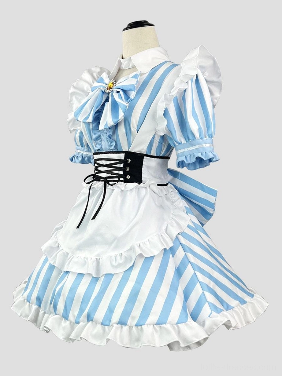 Right front angle of sweet maid lolita dress showing puffed ruffled sleeves large neckline bow and multi-layered ruffled apron with blue striped fabric
