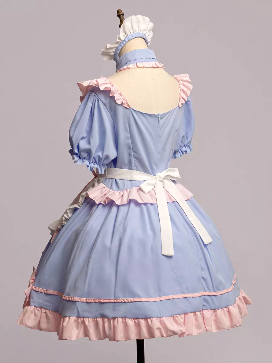 Maid Lolita ensemble back angled view with white headpiece showing off-shoulder ruffled neckline