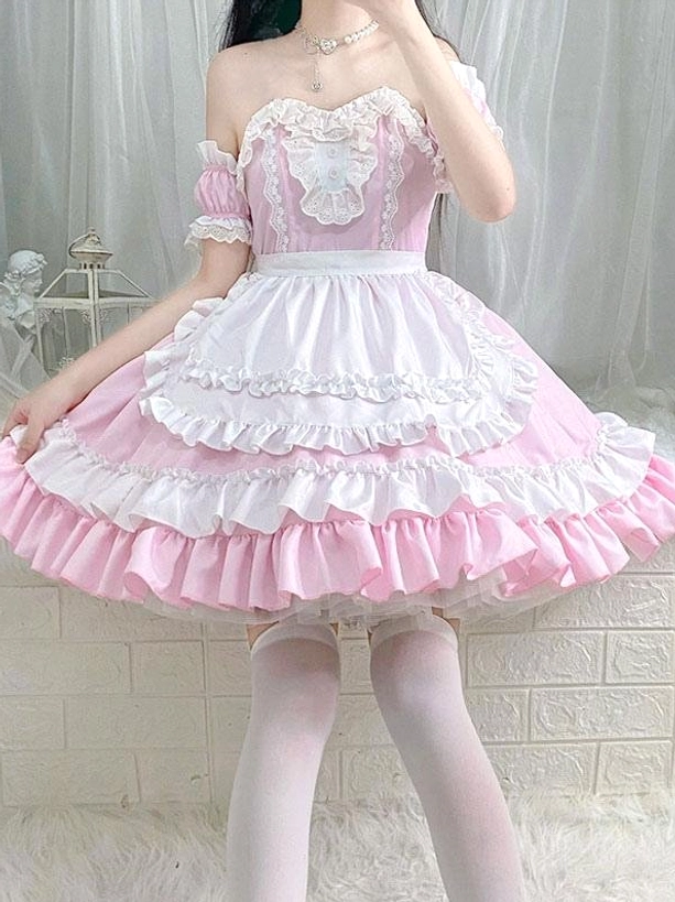 Sweet maid Lolita dress full body view showing tiered ruffled skirt, layered ruffled apron, and white thigh-high stockings on model