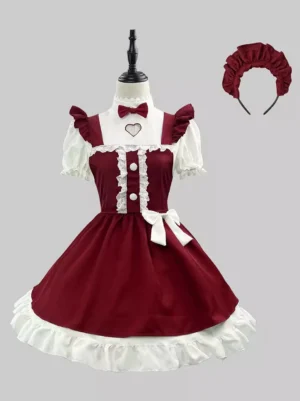Sweet maid lolita Christmas dress wine red white heart cutout with matching headwear full front view on dress form