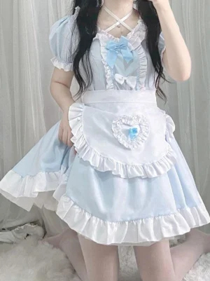 Light sky blue sweet maid lolita short sleeve dress with white ruffled trim and blue heart-shaped apron front three-quarter view