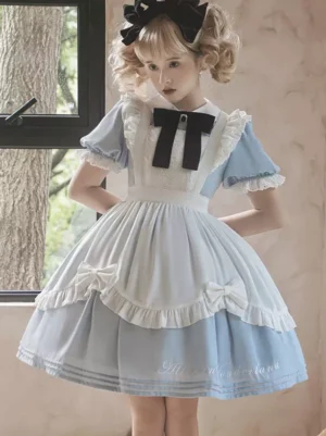 Sweet maid lolita OP dress light sky blue puff sleeves front full body standing view blonde model window indoor
