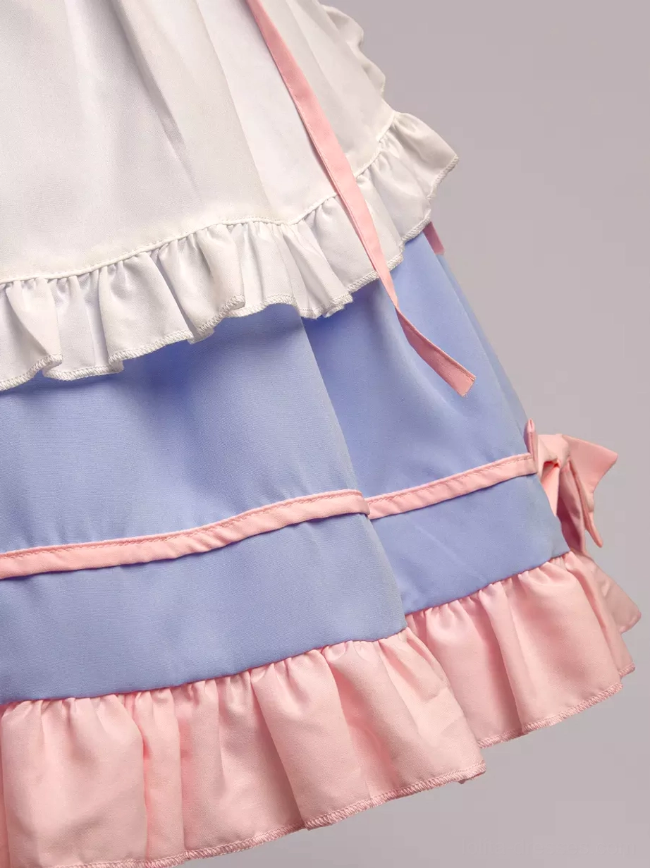 Sweet maid Lolita outfit showcase with color-blocked pink blue design and complete components