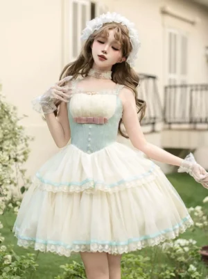 Sweet mint fairy lolita JSK corset dress cream tulle with mint bodice front close-up outdoor garden model wearing full ensemble