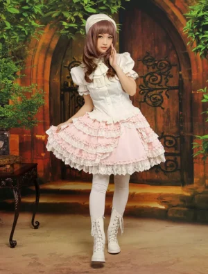 Sweet pink bow tiered Lolita skirt worn as complete outfit with white blouse and boots, front full-body view in vintage interior setting with arched wooden door and lace ruffles visible