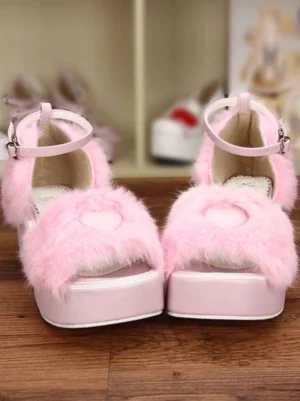 sweet pink fluffy heart-shaped fuzzy platform lolita sandals front view with peep toe design and ankle strap buckle